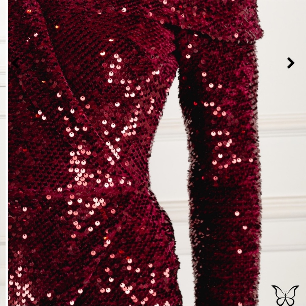 Wine Asymmetric Sequin Dress with Lace Trim